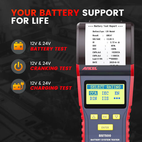 BST500 Car Battery Tester With Printer For 12V And 24V Rigs, Auto Battery Load Tester And Cranking Charging System Analyzer, Printed Diagnostic Reports For Cars, Trucks, SUVs, Motorcycles, RVs And More, handheld plastic unit