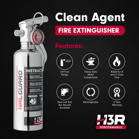 Heavy Duty Compact Fire Extinguisher For Cars Trucks Race Rigs Clean Halotron Formula Beats Dry Powder No Fuss Safe For Engines And Electronics UL Listed Chrome Body 1.4 Pound with Instructions and Features