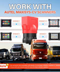 Image showing 9Pin J1939 Male To 16Pin OBD2 Female Diagnostic Adapter For Heavy Duty Trucks And Commercial Vehicles, Compatible With OBD2 Scanners, Freightliner ELD Tracker And Fleet Management Devices, with trucks and scanner compatibility.