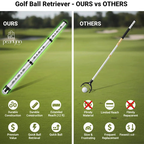 Comparison of our Golf Ball Retriever And Picker Upper Tube With Carry Bag For No Bending Upright Pickup and another product on grass