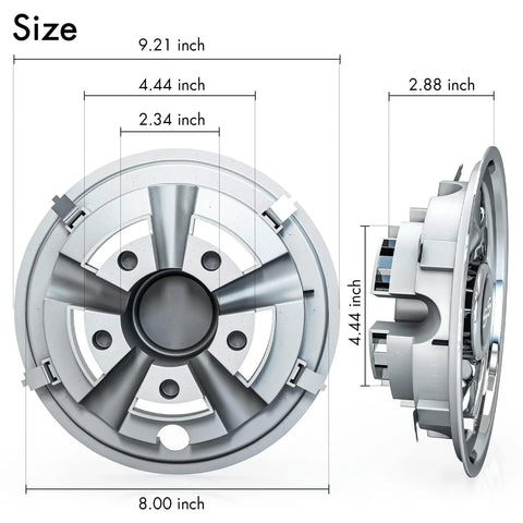 8 Inch Chrome ABS Wheel Covers Hub Caps For EZGO Club Car Yamaha Golf Carts Snap On Installation Set Of 4, side and front view