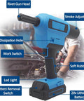 Heavy Duty Cordless Brushless Rivet Gun With 20 V Lithium Battery showing rivet gun head and controls for construction use.
