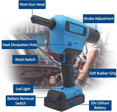 Heavy Duty Cordless Brushless Rivet Gun With 20 V Lithium Battery showing rivet gun head and controls for construction use.