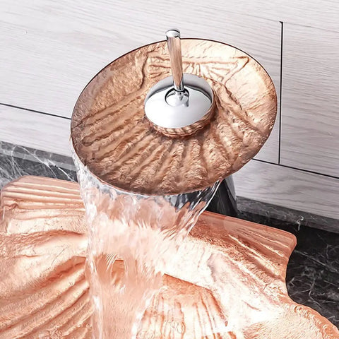 Artistic Bathroom Vessel Sink Shell Shaped Crystal Glass Wash Bowl Sink Counter Top Installation with waterfall faucet design.
