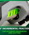 Close-up of TruRange 25 Ft Measuring Tape with 1/8 inch increments on high visibility green blade