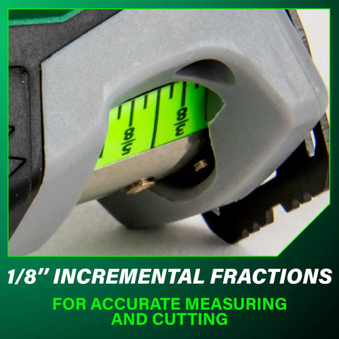Close-up of TruRange 25 Ft Measuring Tape with 1/8 inch increments on high visibility green blade
