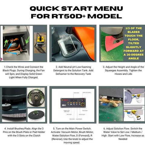 Quick start guide for RT50D+ floor scrubber, showing step-by-step setup instructions and components in detailed images.