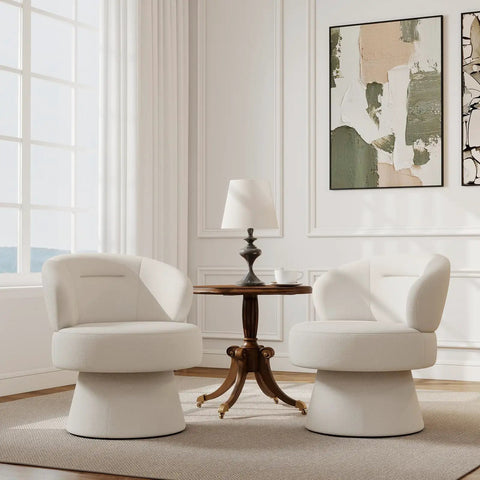 Pair of 360 Degree Swivel Accent Chairs in Soft Chenille Boucle in living room setting, modern space saving vanity style.