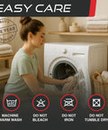 Woman loading washing machine with instructions: machine warm wash, do not bleach, do not iron, do not tumble dry.