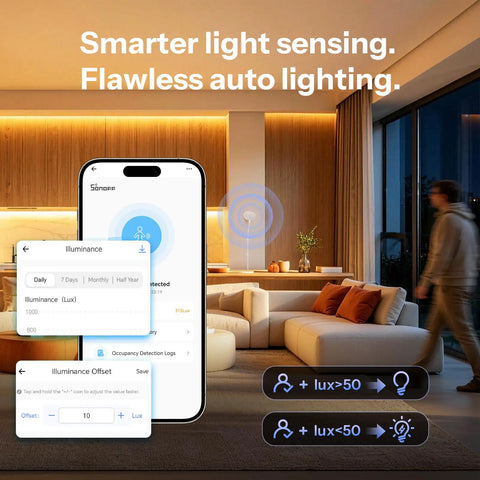 Top Notch Zigbee Presence Sensor Featuring Super Precise 24GHz Mmwave Motion Tracking And Built In Light Monitoring in a smart home setup.