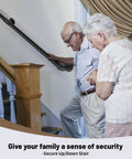 Heavy Duty Industrial Staircase Handrails Nine Feet Long Cut From Solid Galvanized Steel Pipe For Serious Corrosion Protection And Totally Hassle Free No Sweat Railing Setup At Home Today with elderly couple using it.