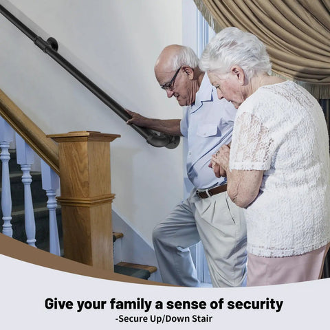 Heavy Duty Industrial Staircase Handrails Nine Feet Long Cut From Solid Galvanized Steel Pipe For Serious Corrosion Protection And Totally Hassle Free No Sweat Railing Setup At Home Today with elderly couple using it.