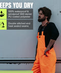 Man wearing Hi Viz Ripstop Waterproof Bib Pants For Men With Reflective Safety Strips, High Visibility Orange, showing waterproof label