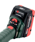Built Tough Brushless 18V Cordless Flat Head Angle Grinder 125 MM Disc With Swivel Battery Base close-up of battery pack