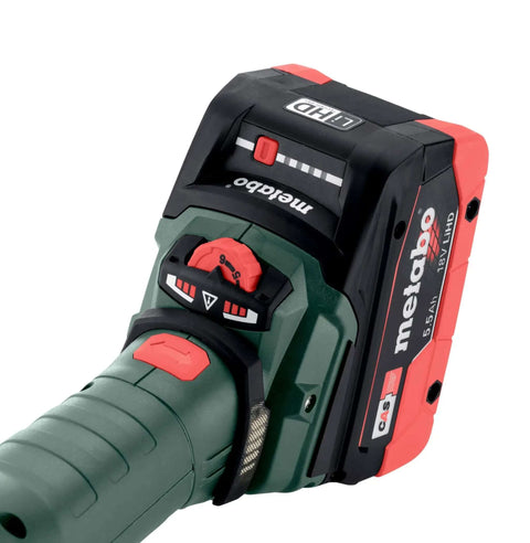 Built Tough Brushless 18V Cordless Flat Head Angle Grinder 125 MM Disc With Swivel Battery Base close-up of battery pack
