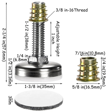 12 Pack Adjustable Furniture Levelers With Felt Pads For Tables, Chairs, Beds, And Sofas, Heavy Duty Steel Feet Supports Up To 1320 Lbs, Height Adjustable From Three Quarters Inch To One And Three Quarters Inches, Easy Install And Floor Protection