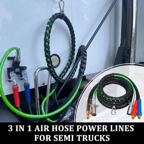 12ft 3 In 1 ABS Power Air Line Hose with Glad Hands and 4 Glad Hand Seals for tractor trailer semi truck displayed