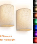 Rechargeable Battery Operated Wall Sconces Two Pack With Remote Control Mood Lighting showing linen fabric shade and RGB colors