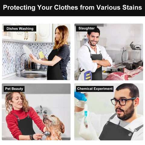 Heavy Duty Waterproof Vinyl Apron 43 Inch Cross Back Adjustable Dishwashing Apron for Restaurant Kitchen Butcher Lab Work and Dog Grooming Black Anti Tear Design Tough As Nails in use for diverse tasks including dishwashing, butchering, dog grooming, and lab work.