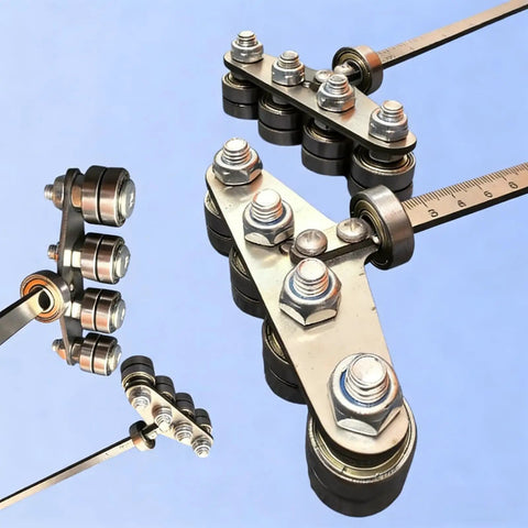Close-up of the adjustable stainless steel positioning calipers for accurate cuts and easy wood cutting, shown at multiple angles.
