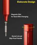 Slick 24-In-1 Mini Screwdriver Set with Eyeglass Repair Kit and Precision Bits for Tiny Screws Perfect Pocket Sidekick for Daily Chores and Road Trips in Sleek Cinnabar Red Finish showing magnetic slot and swivel lid design.