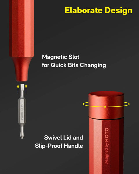 Slick 24-In-1 Mini Screwdriver Set with Eyeglass Repair Kit and Precision Bits for Tiny Screws Perfect Pocket Sidekick for Daily Chores and Road Trips in Sleek Cinnabar Red Finish showing magnetic slot and swivel lid design.