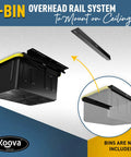 Overhead Garage Storage Rack For Two Bins With Adjustable Width And 80 Pound Capacity DIY Safe Ceiling Mount Easy Install Fits 27 Gallon Totes USA Made Pro Grade Steel Space Saving Organizer diagram