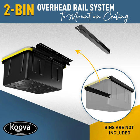 Overhead Garage Storage Rack For Two Bins With Adjustable Width And 80 Pound Capacity DIY Safe Ceiling Mount Easy Install Fits 27 Gallon Totes USA Made Pro Grade Steel Space Saving Organizer diagram