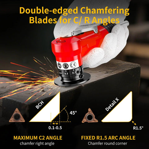 Red Amazon 2-in-1 pneumatic chamfering tool with dual-edged blades and 45° arc bevel for metal, acrylic, wood.