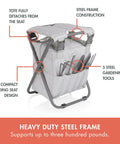 Gardener Two Point Zero Folding Seat With Tools All In One Portable Garden Stool With Detachable Storage Tote And Five Handy Tools Organizer Grab And Go Outdoor Work Buddy Fog Gray showing steel frame and tools.