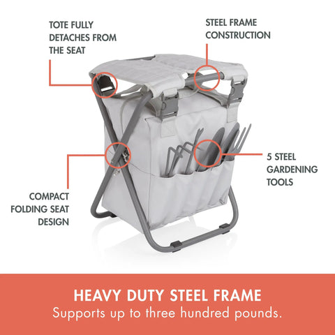 Gardener Two Point Zero Folding Seat With Tools All In One Portable Garden Stool With Detachable Storage Tote And Five Handy Tools Organizer Grab And Go Outdoor Work Buddy Fog Gray showing steel frame and tools.