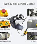 Type 30 Roll Bender details showing emergency stop, pedal switch, copper motor, and three-roller structure.