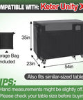 Heavy Duty Outdoor Grill Cart Cover For 54 Inch Table Fits Keter Unity XL shown on a diagram with dimensions and storage bag
