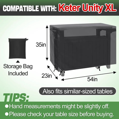 Heavy Duty Outdoor Grill Cart Cover For 54 Inch Table Fits Keter Unity XL shown on a diagram with dimensions and storage bag