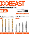 11 Pcs Left Hand Screw Extractor Set With Quick Adapter, Bolt And Nut Remover Kit showing drill bits and spiral extractors
