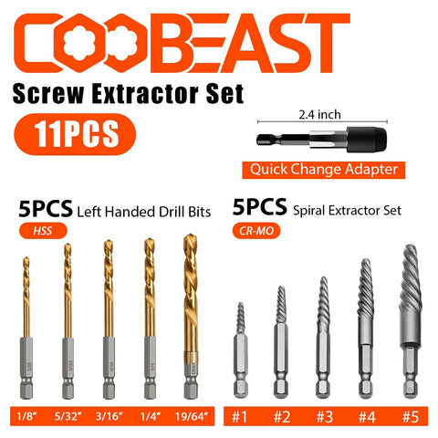 11 Pcs Left Hand Screw Extractor Set With Quick Adapter, Bolt And Nut Remover Kit showing drill bits and spiral extractors