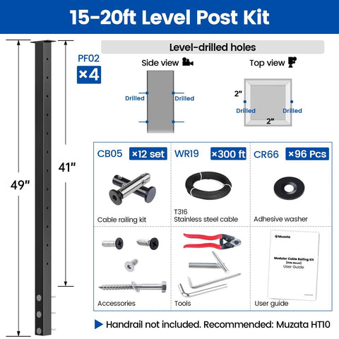 Diagram of Side Mount Cable Railing Kit for Decks 15 To 20 Feet Adjustable Length 42 Inch Posts Four Level Post Set