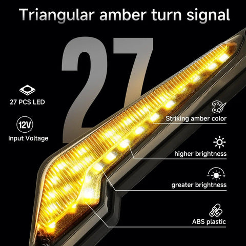 Close-up of triangular amber turn signal with 27 LED lights, showing features of the Universal UTV Turn Signal Kit With Horn.