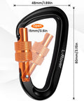 Black and orange Heavy Duty Carabiner Clips 12kN Locking Aluminum Lightweight For Camping Hiking Hammock Outdoor Gym Pets.