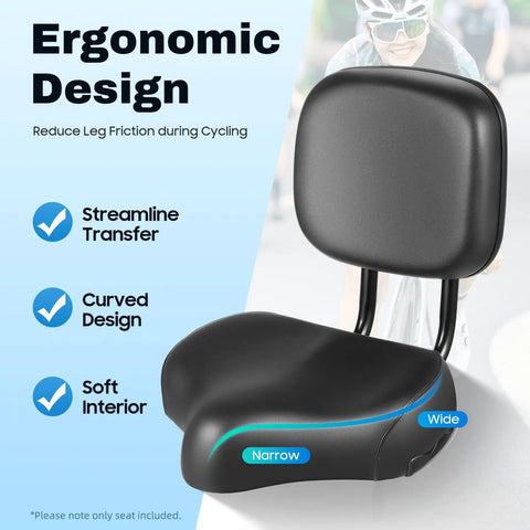 Wide Comfy Bike Seat With Backrest Padded PU Cushion Adjustable Height Leather Saddle Pad For City Commuter Electric Bikes And Tricycles Pain Free Rides And Easy All Day Comfy On Every Ride. Wide black ergonomic bike seat with backrest, soft PU cushion, curved design