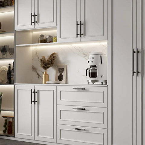 White kitchen cabinets with Slick 3 Inch Matte Black Cabinet Pulls 25 Pack For Kitchen Cupboards And Dresser Drawers installed