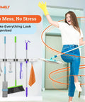 Heavy Duty Wall Mount Broom And Mop Holder With 3 Tier Racks And 4 Hooks 17 Inch Stainless Steel Organizer in use.