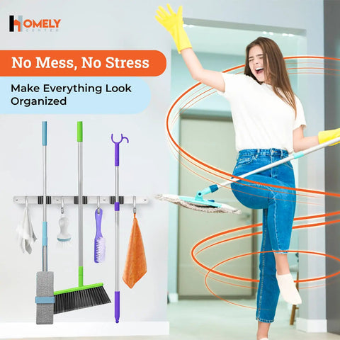 Heavy Duty Wall Mount Broom And Mop Holder With 3 Tier Racks And 4 Hooks 17 Inch Stainless Steel Organizer in use.
