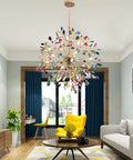 Modern living room with colorful sputnik chandelier, yellow armchair, and blue curtains.