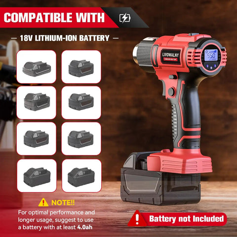 Cordless Heat Gun For Milwaukee 18V Battery Tool Only A Workhorse 350W Hot Air Gun With LCD Display on table, battery slot visible