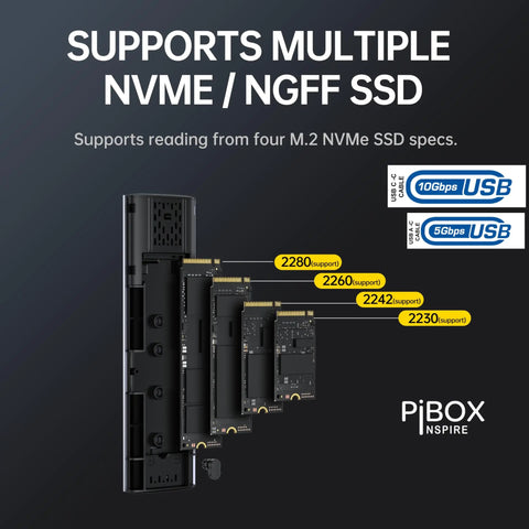Hassle Free Nvme M2 Enclosure For Usb 3.2 Drives with M.2 SSD modules sizes 2280, 2260, 2242, and 2230 displayed.