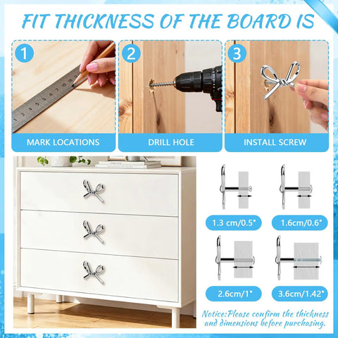Installation guide for Boss Bow Dresser Knobs And Cute Drawer Knobs In Zinc Alloy With Brushed Hardware Pulls Vintage Cupboard Knob Set, showing steps and sizes.
