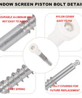 Window screen piston bolt details showing durable aluminum construction and nylon cover for easy fixing, part of 10 Piece Window Screen Plunger Latches With White Caps Aluminum Retainer Pins Replacement Clips Universal Door And Window Frame Hardware Solid Gear Upgrade For Your Backyard Haven.