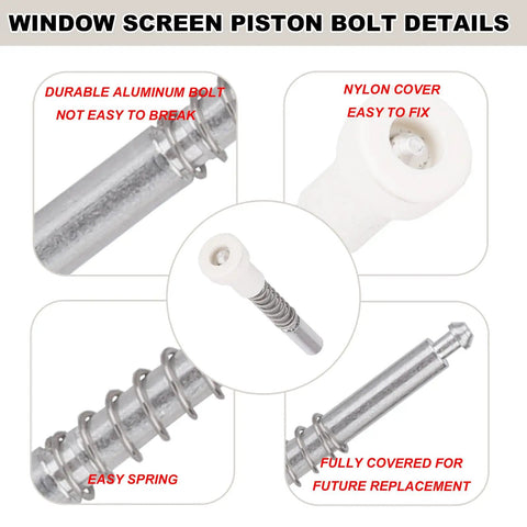 Window screen piston bolt details showing durable aluminum construction and nylon cover for easy fixing, part of 10 Piece Window Screen Plunger Latches With White Caps Aluminum Retainer Pins Replacement Clips Universal Door And Window Frame Hardware Solid Gear Upgrade For Your Backyard Haven.