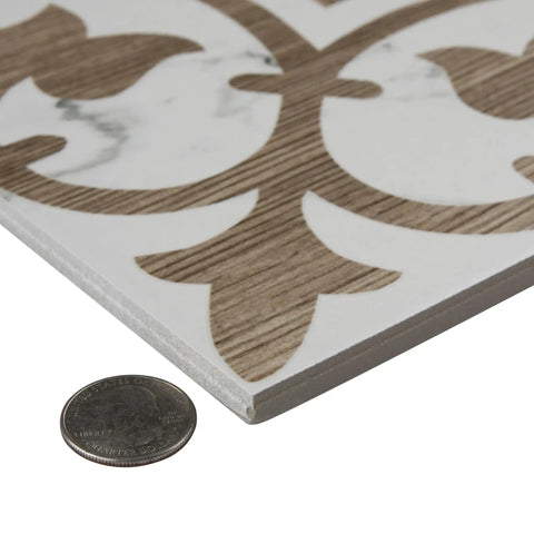 Corner view of Loire Noce 9.75 Inch Square Porcelain Floor And Wall Tile Dope Glazed Mix Texture with coin for scale comparison.
